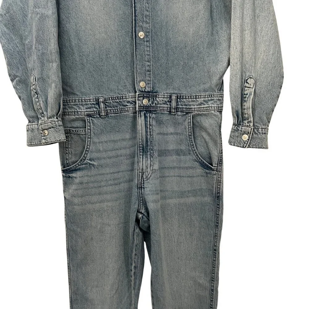 Zara Lightwash Denim Long Sleeve Button Front Jumpsuit NWT Size L
